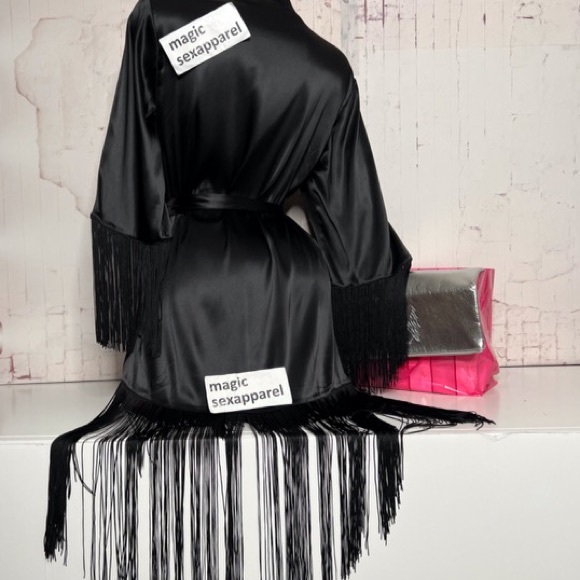 VS LUXE XS/S FRINGE SATIN LONG ROBE KIMONO LINGERIE PLUNGE BOW SLITS CUT OUT - Picture 2 of 2